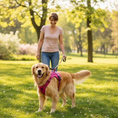 harnais anti traction rose rouge au parc avec son maitre