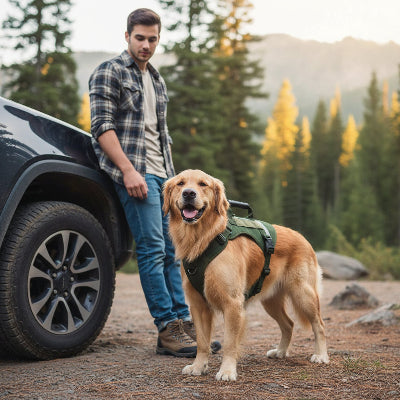 harnais chien anti traction vert armee a cote voiture maitre