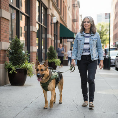 harnais chien anti traction vert armee promene rue avec maitre