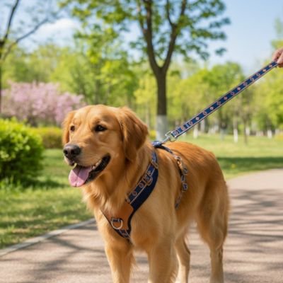 Harnais chien bleu balade sur une route broise avec son maitre
