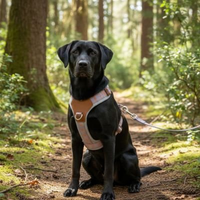 Harnais chien gris assis en pleine foret en toute securite