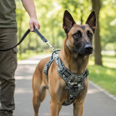 Harnais chien gris clair et maitre marche