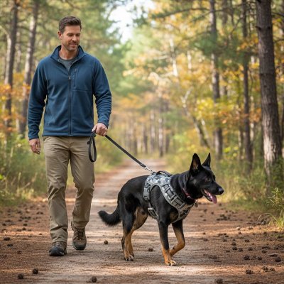 Harnais chien gris clair maitre qui marche avec joie