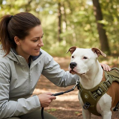 Harnais chien kaki fonce dans la foeret avec son maitre