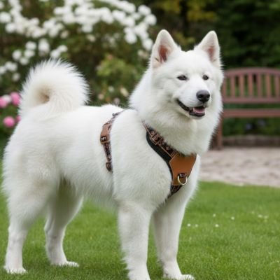 Harnais chien noir dans une cour 