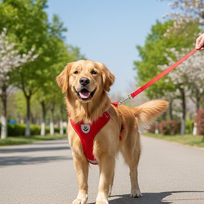 Harnais chien trekking confortable
 rouge marche sur une rue 