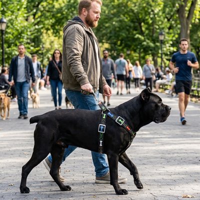 Harnais chien sécurité et confort optimal chien se promène a côte de son maître 
