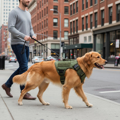 harnais chien vert militaire immeuble voiture centre ville