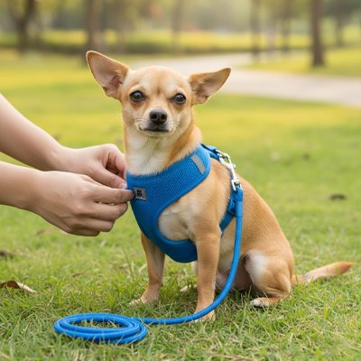 Harnais chiot bleu sur une pelouse maitre