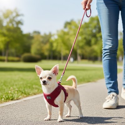 Harnais chiot rouge se promene avec son maitre