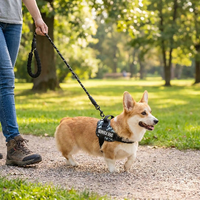 harnais confort chien moment sécurité et liberté chien balade au parc a cote de son maître 

