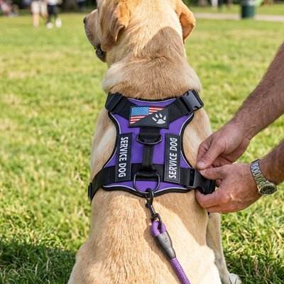 Harnais confort chien sur la pelouse maître attache