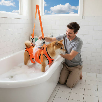 harnais de lavage chien dans un baignoire maitre