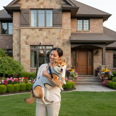 harnais de lavage chien gris devant grande maison sur maitre