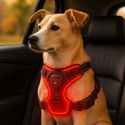 harnais lumineux chien assis voiture rouge cousin noir