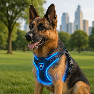 harnais lumineux chien bleu nature immeuble