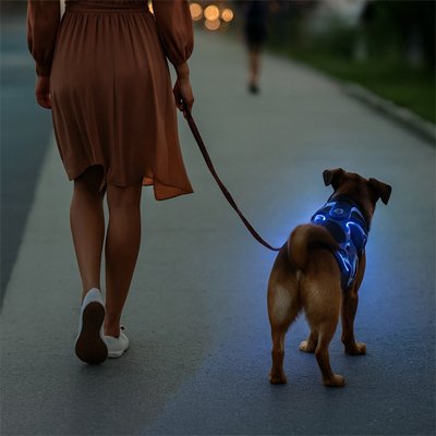 harnais lumineux chien marche bleu maitre rue