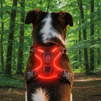 harnais lumineux chien rouge foret