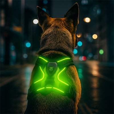 harnais lumineux chien vert assis centre ville lumiere