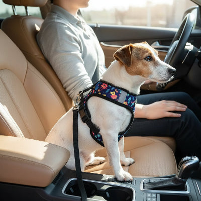harnais petit chien bleu profond avec son maitre voiture