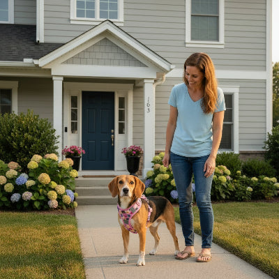 harnais petit chien rose avec son maitre devant une maison