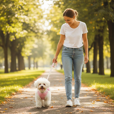 harnais petit chien rose marche avec son maitre