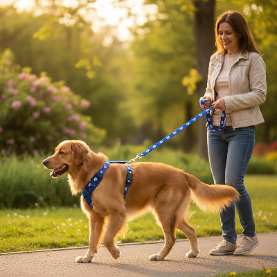 harnais pour chien bleu qui prend une marche maitre arbres