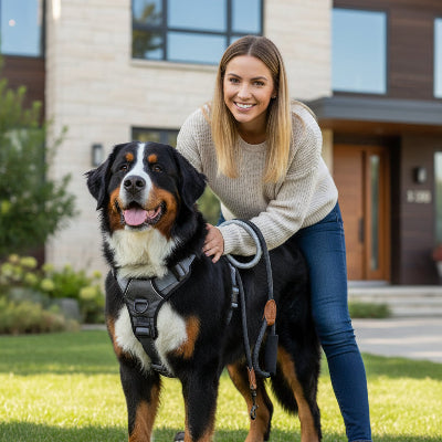 harnais pour chien debout devant une maison avec son maitre