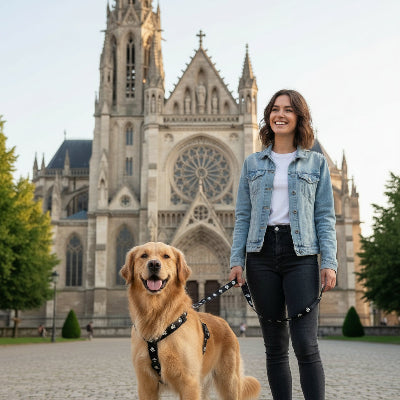 harnais pour chien noir avec son maitre devant une eglise