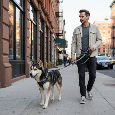 harnais pour chien noir gris marche avec son maitre rue