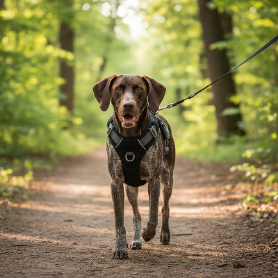 harnais pour chien noir marche dans une foret