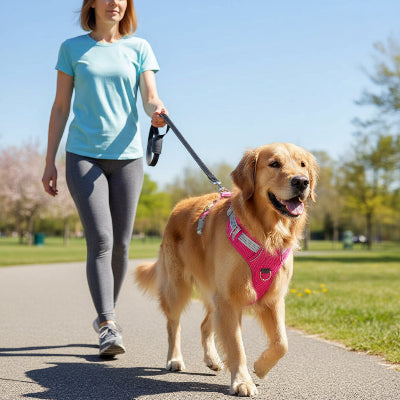 harnais pour chien rose en promenade parc avec son maitre
