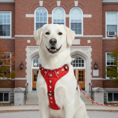 harnais pour chien rouge devant une ecole assis