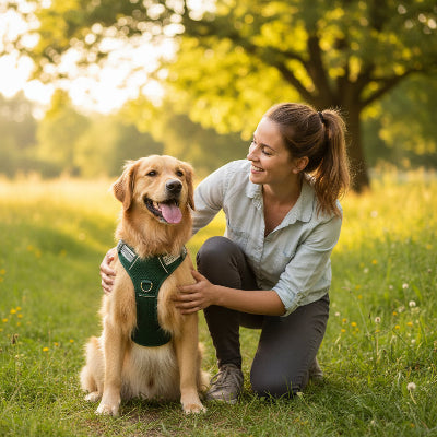 harnais pour chien sur une parc a cote son maitre souris