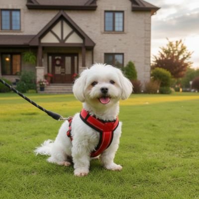 Harnais pour petit Chien balade securisante chien assis devant une maison 