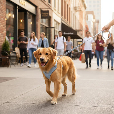 harnais pour petit chien bleu au centre ville son maitre