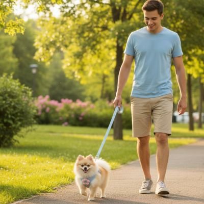 harnais pour petit chien bleu marche avec son maitre parc