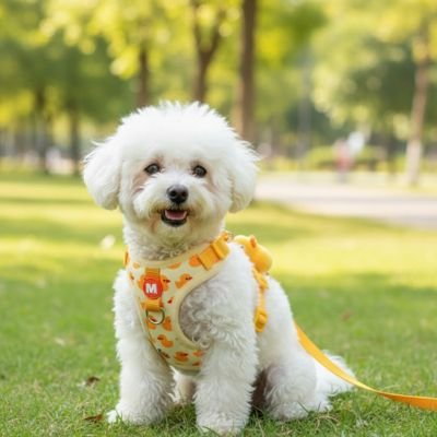 Harnais pour petit chien jaune assis sur une pelouse