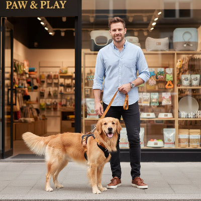 harnais pour petit chien noir avec son maitre devant boutique