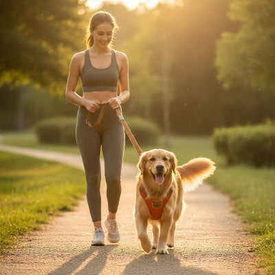 harnais pour petit chien promene avec son maitre beau soleil