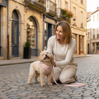 harnais pour petit chien rose dans une rue maitre