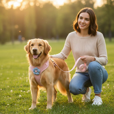harnais pour petit chien rose sur un parc avec maitre