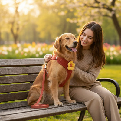 harnais-pour-petit-chien-rouge-assis-cote-maitre-banc-parc