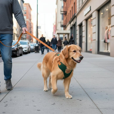harnais pour petit chien vert au centre ville son maitre