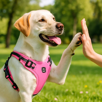 harnais randonnee chien mains rose