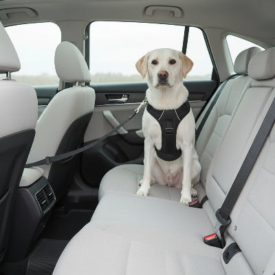 harnais voiture chien assis regarde noir