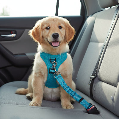 harnais voiture chien bleu assis auto