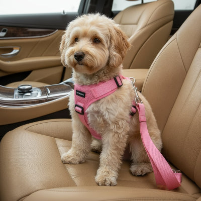 harnais voiture chien rose assis siege auto