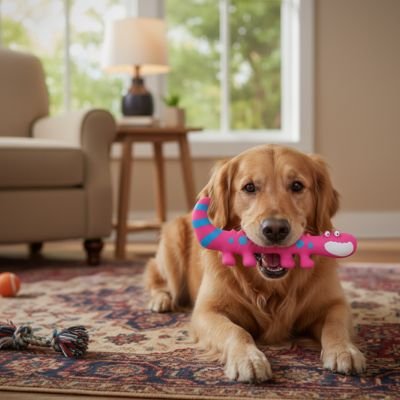Jouet Chien dans la bouche, couché plat ventre au salon