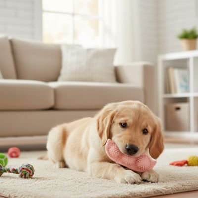 Jouet Chien  dans la bouche, couché sur un tapis dans un salon